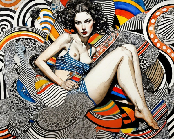 Artwork of a Woman in a Blue Striped Bikini