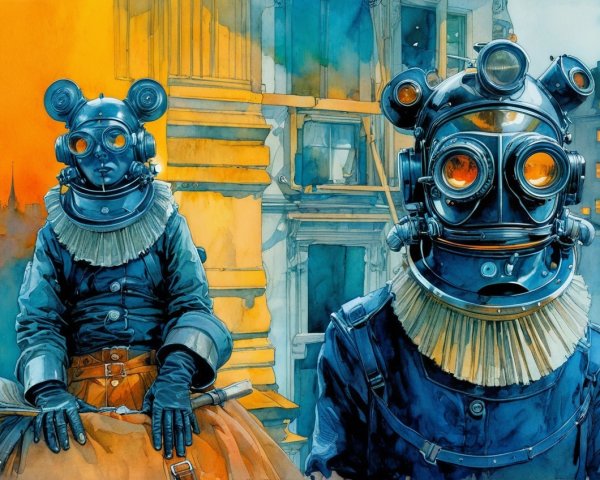 Steampunk Figures in Vintage Attire Against Cityscape