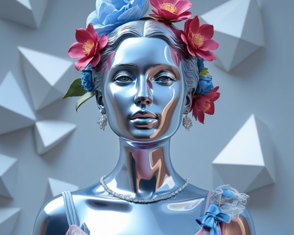 Elegant Chrome Mannequin with Floral Crown and Gown