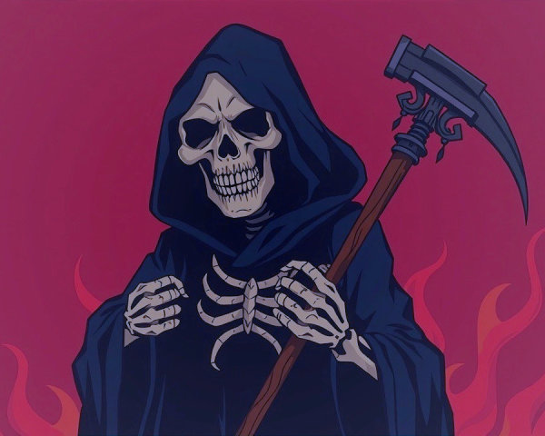 Skeletal Figure in Cloak with Scythe and Flames Background