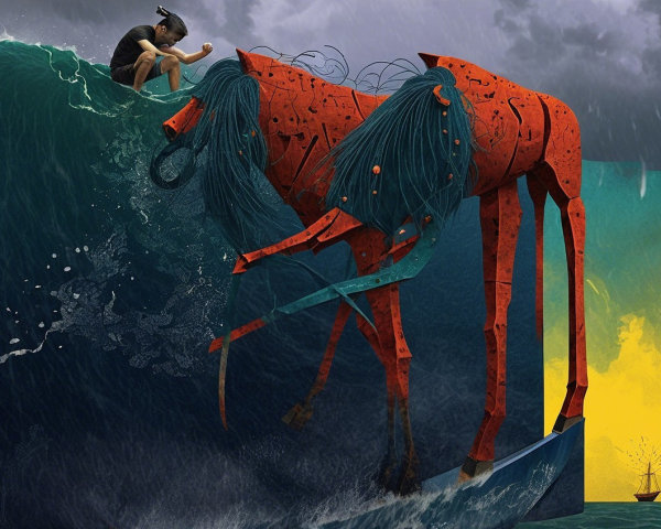 Surreal Digital Artwork of a Giant Red Horse and Waves