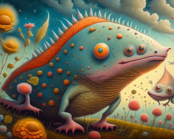Whimsical Landscape with Colorful Amphibian Creatures