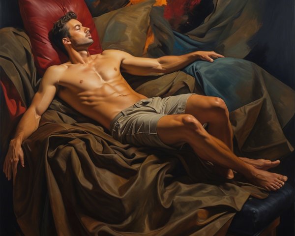 Muscular Man Relaxing on Textured Fabrics