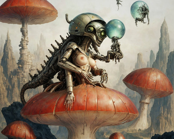 Surreal Scene of a Robotic Alien on a Mushroom