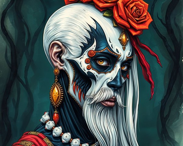 Skull-faced figure with flowers in a mystical forest