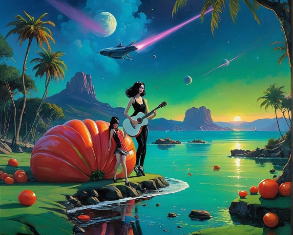 Surreal Landscape with Women, Pumpkin, and Twilight Sky