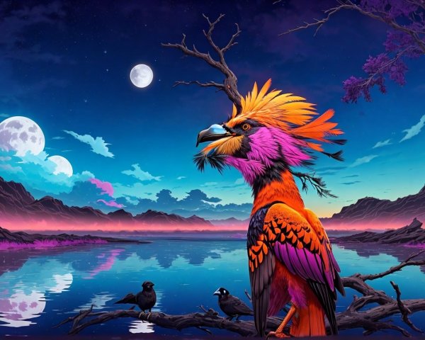 Surreal Landscape with Colorful Bird by Serene Lake