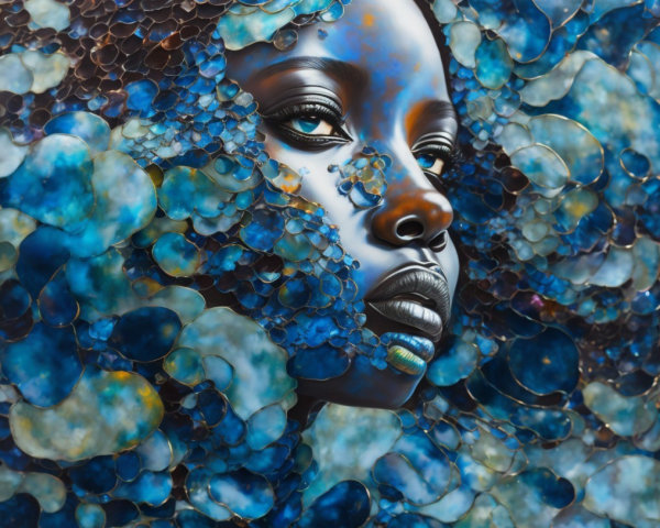 Portrait of a woman amid blue and teal abstract shapes