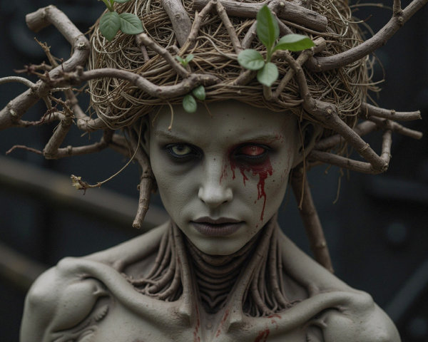 Close-Up of Zombie Woman with Twigs and Bloodstains