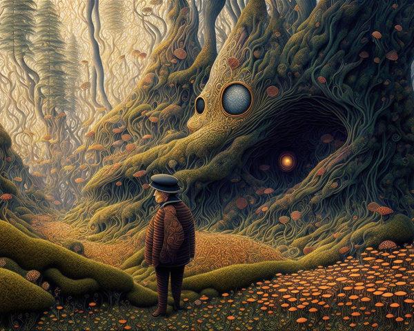 Whimsical Forest with Glowing Tree and Vibrant Mushrooms