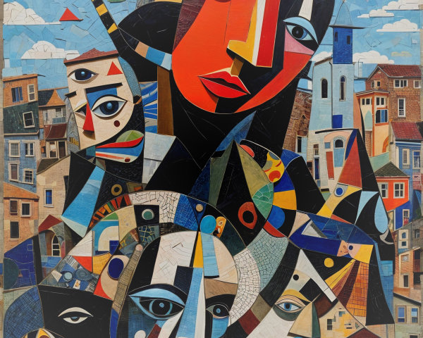 Vibrant Abstract Collage of Faces and Architecture