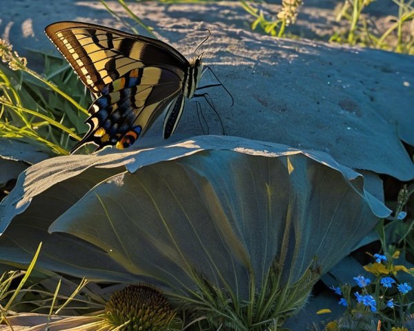Butterfly on Green Leaves in Wildflower Meadow