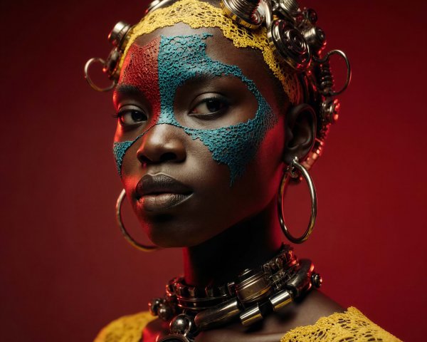 Portrait of a young woman with tribal face paint and jewelry