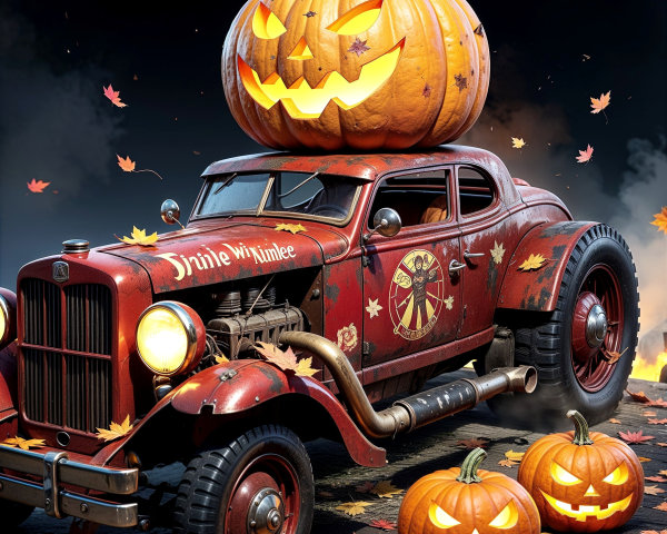 Old Distressed Red Hotrod with Glowing Jack-o'-lanterns