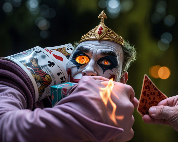 Sinister jester with glowing eye and playing cards
