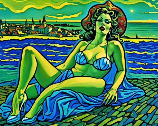 Vibrant Artwork of Woman by the Sea with Unique Colors
