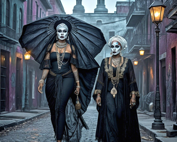 Elegantly Dressed Individuals on Cobblestone Street