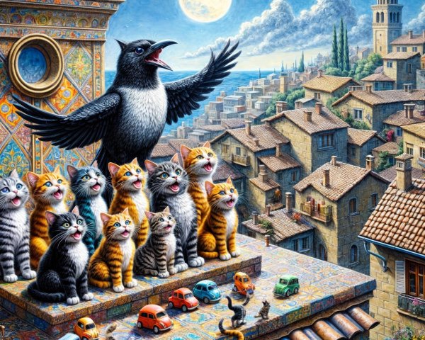 Whimsical Scene of Bird, Cats, and Moonlit Town