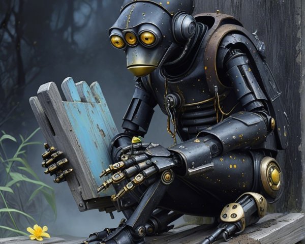 Steampunk Robot with Flower and Book on Platform