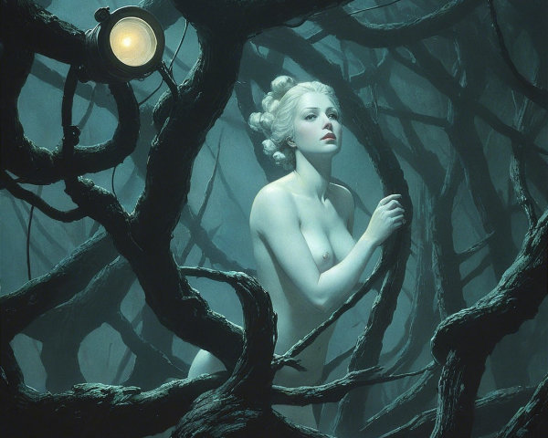 Nude Figure in a Dimly Lit Forest with Lantern