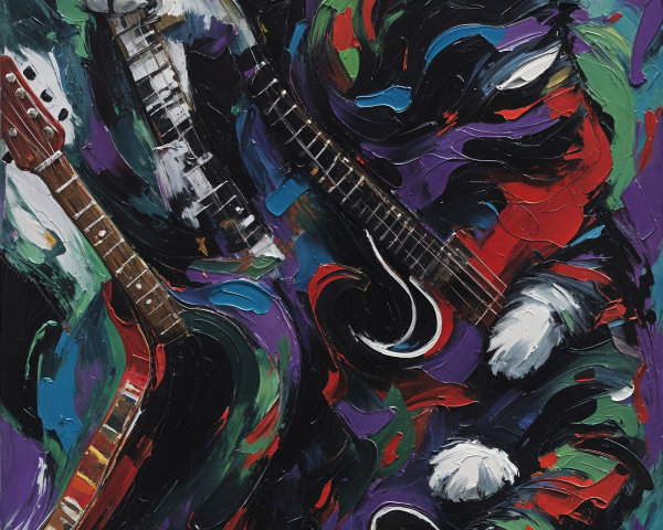 Abstract Painting of a Cat Playing Electric Guitars