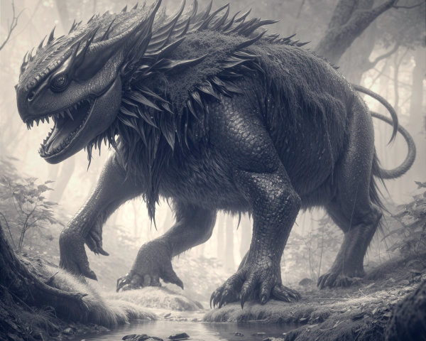 Fearsome Creature in Misty Forest Setting