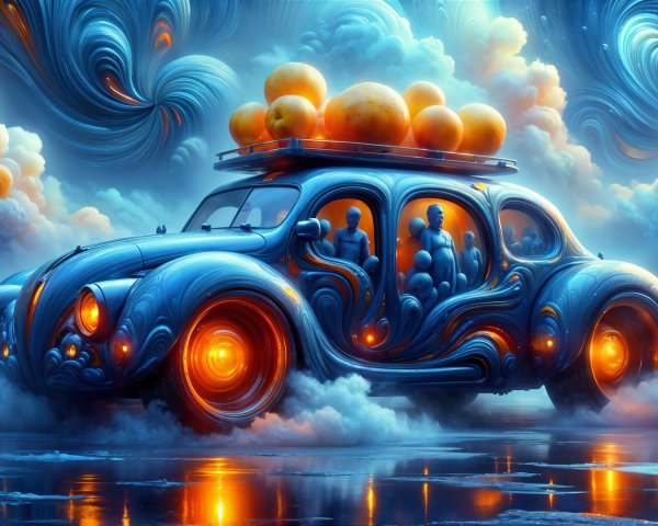 Surreal Car in Dreamlike Landscape with Vibrant Colors