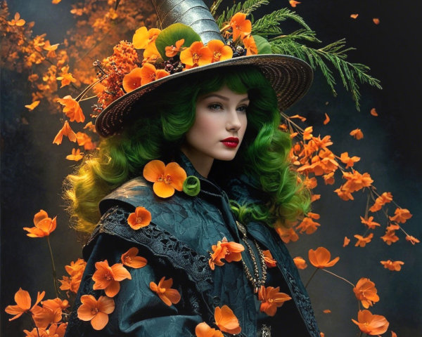 Woman in Dark Attire with Floral Hat and Green Hair