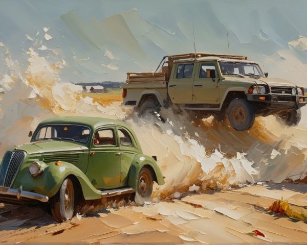 Classic Green Car and Rugged Beige Off-Road Vehicle in Desert