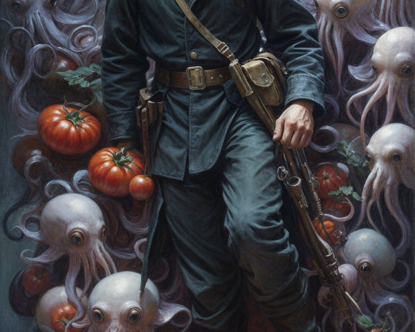 Young soldier in surreal tomato and octopus landscape