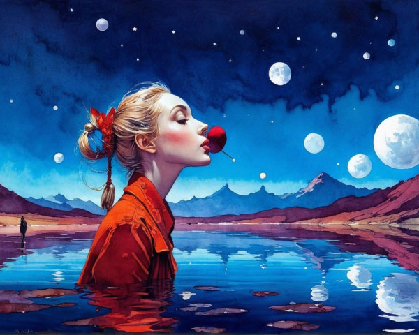 Surreal Landscape with Woman and Cherry on Lips
