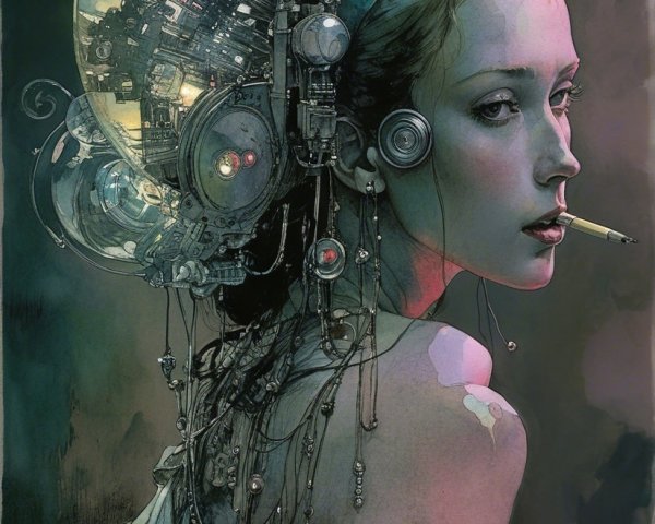 Futuristic Portrait of Woman with Cityscape Helmet