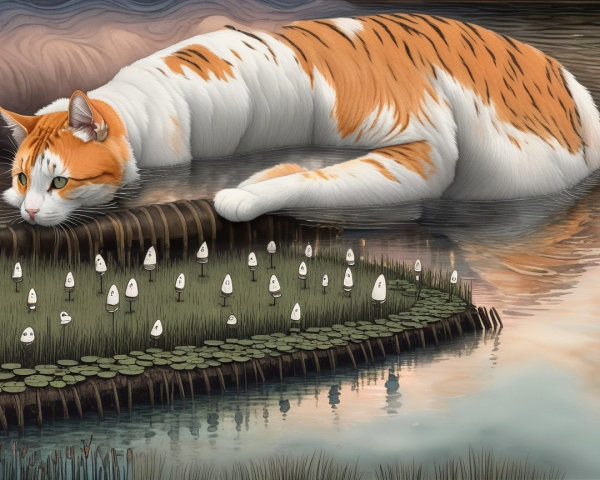 Large Orange and White Cat by Tranquil Pond Scene