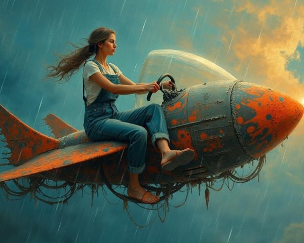 Young Woman on Retro-Futuristic Rocket in Dramatic Sky