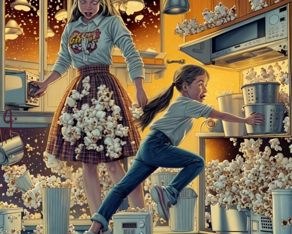 Whimsical Kitchen Scene with Two Girls and Popcorn Spill