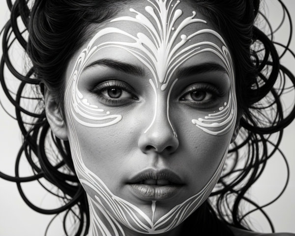 Black and white portrait of a woman with face paint