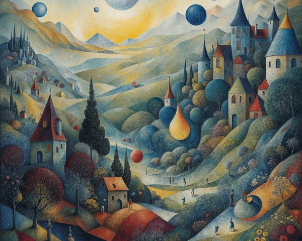 Whimsical Landscape with Hills, Trees, and Sunset