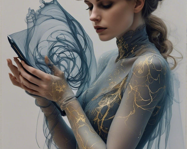 Young woman in blue gown holding a book gracefully