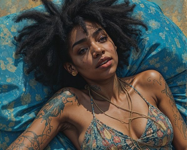 Young woman with tattoos on blue cushion backdrop