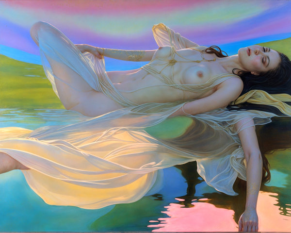 Ethereal figure by water in serene, pastel setting