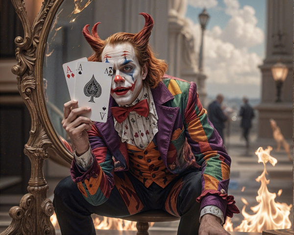 Colorful Clown with Playing Cards in Surreal Setting