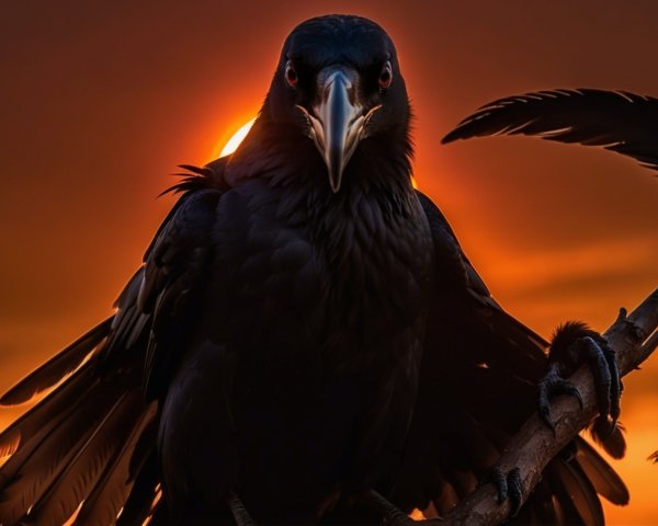 Black Raven Silhouette Against Sunset Colors
