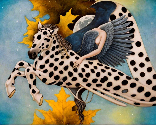 Spotted Horse and Angelic Figure in Starry Sky