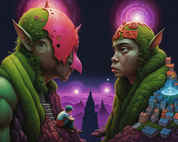 Surreal Landscape with Humanoid Figures and Settlement