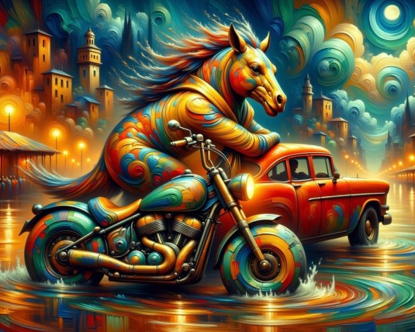 Surreal Scene of Colorful Horse on Motorcycle