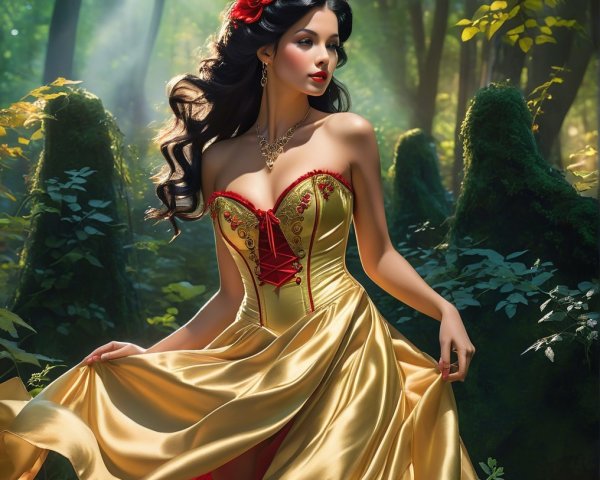 Woman in Gold Gown in Vibrant Forest Setting