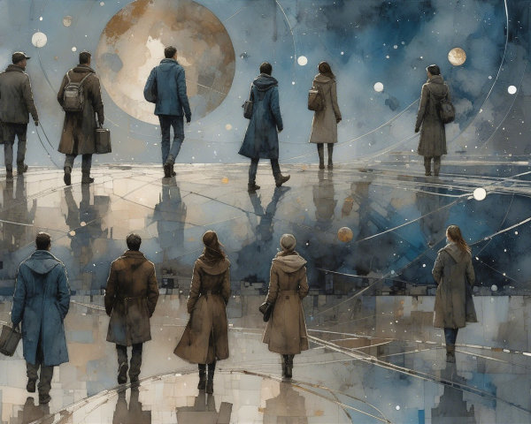 Silhouetted Figures Under a Luminous Moon and Stars