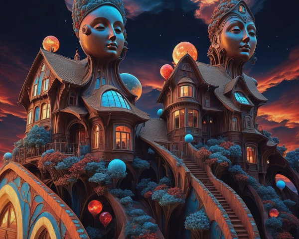 Surreal Landscape with Giant Faces and Whimsical Houses