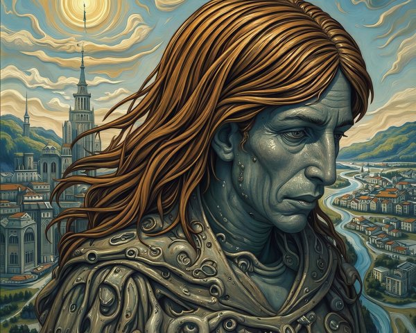 Giant Woman Overlooking Cityscape with Armor Design