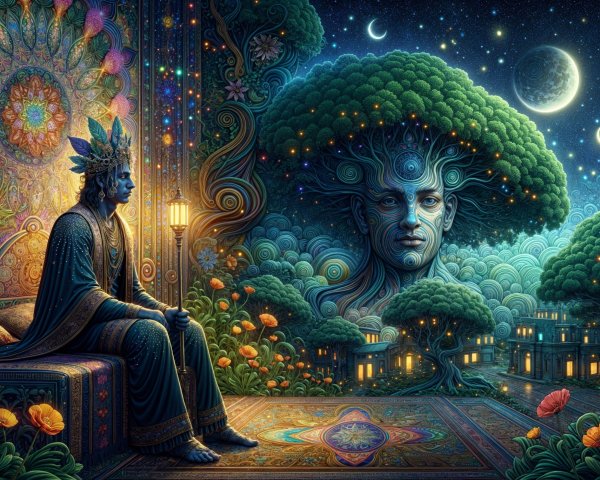 Serene Figure in Colorful Bed Amidst Mystical Landscape